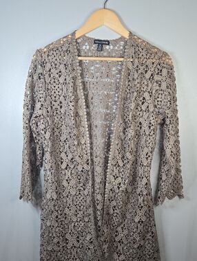 Nina Leonard Women's Medium Taupe Crochet Festival Boho Hippie Duster Cardigan